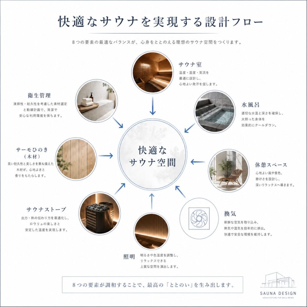 サウナ室・水風呂・木材・換気・照明を含めたサウナ設計全体の関係図