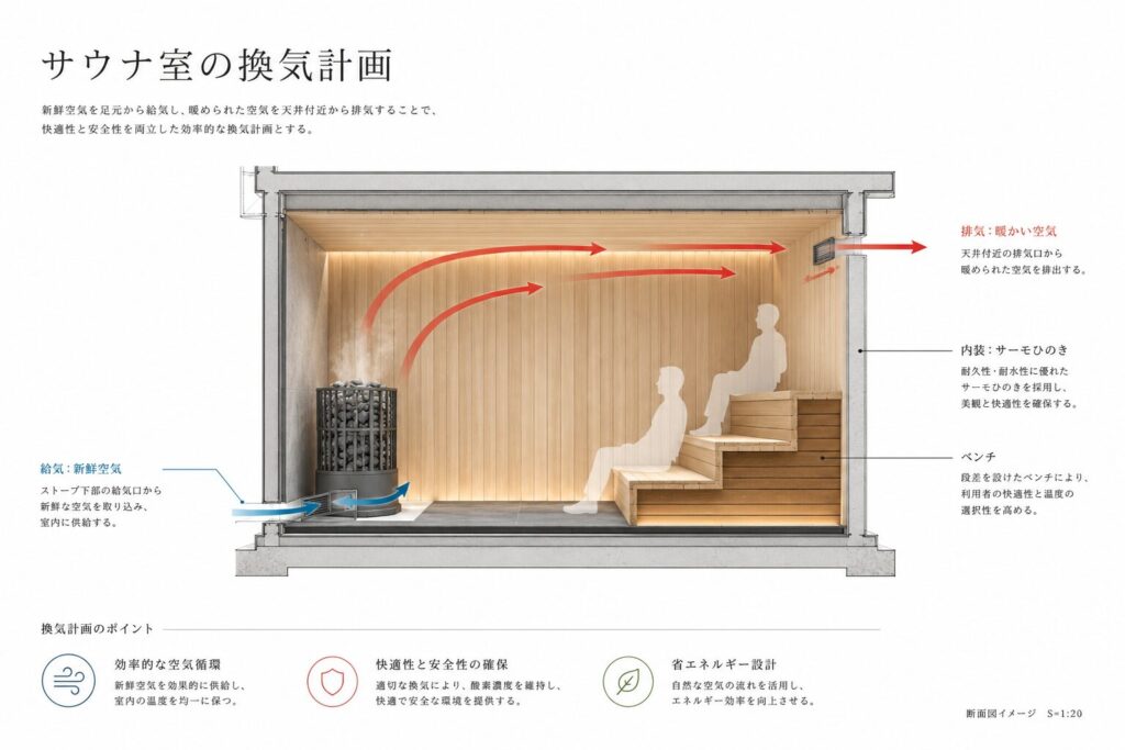 サウナ室の適切な給気と排気の換気計画