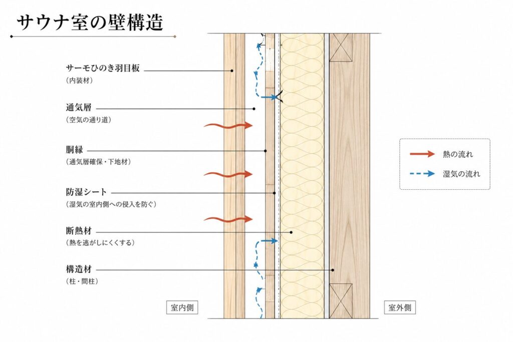 サウナ室の壁構造と断熱・防湿の断面図