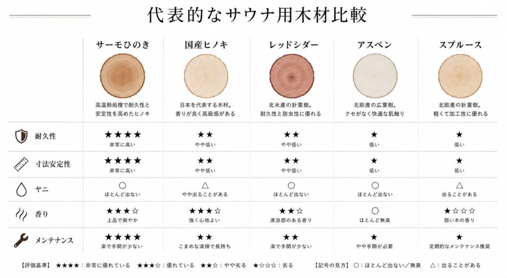 サーモひのき・国産ヒノキ・レッドシダー・アスペン・スプルースを比較した図