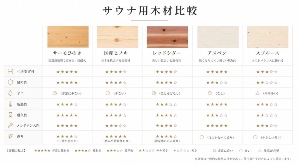 サウナ用木材の性能比較表(サーモひのき・国産ヒノキ・レッドシダー・アスペン・スプルース)