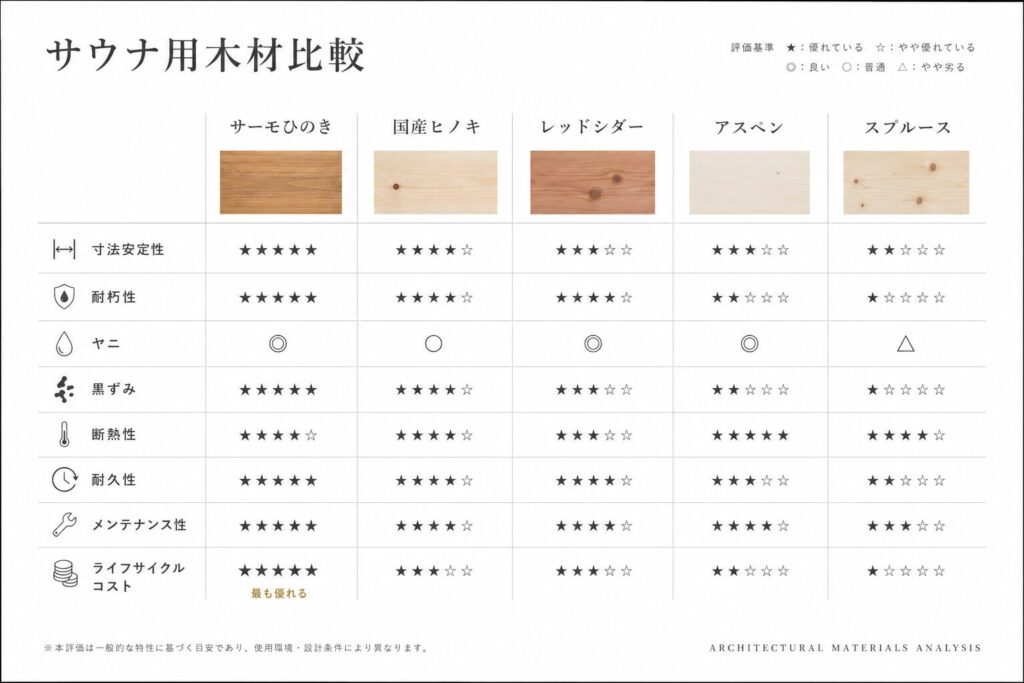サウナ用木材の性能比較表