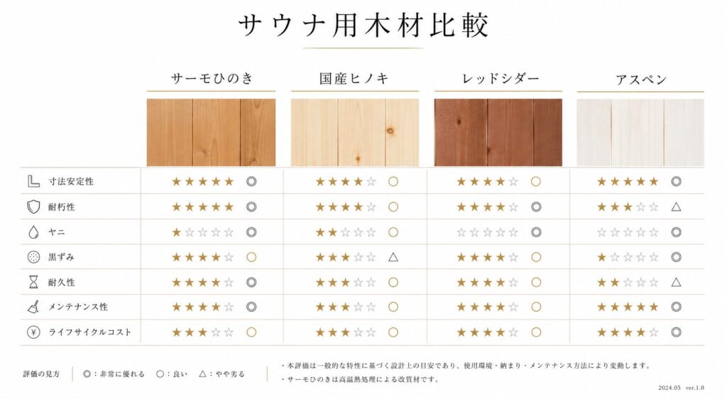 サウナ用木材の比較表