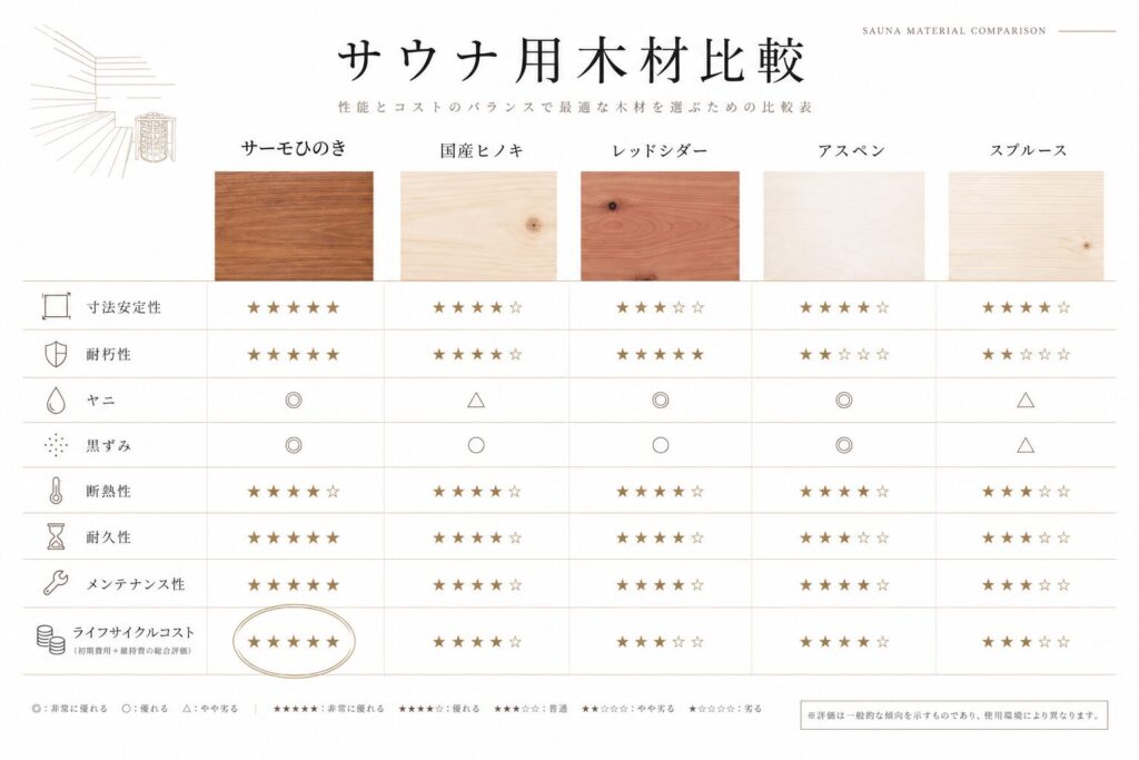 サウナ用木材の性能比較表。サーモひのき、国産ヒノキ、レッドシダー、アスペン、スプルースの違いを比較。