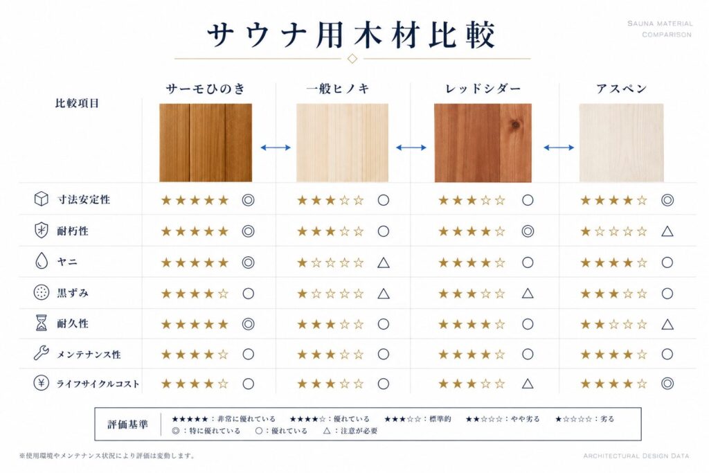 サウナ用木材の安全性と耐久性を比較した一覧
