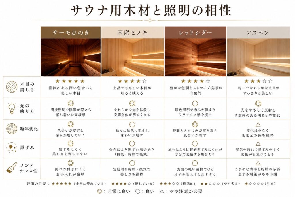 サウナ用木材と照明演出の比較
