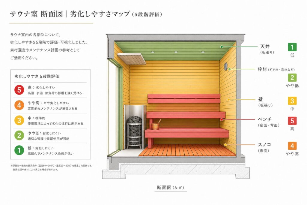 サウナの壁・天井・ベンチ・スノコの劣化比較