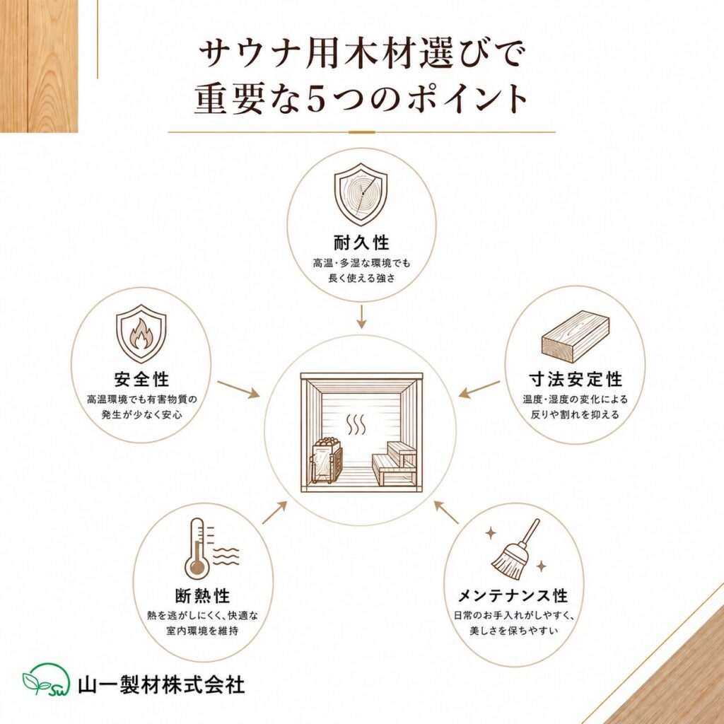 サウナ用木材に必要な耐久性・寸法安定性・安全性・断熱性・メンテナンス性を示した図
