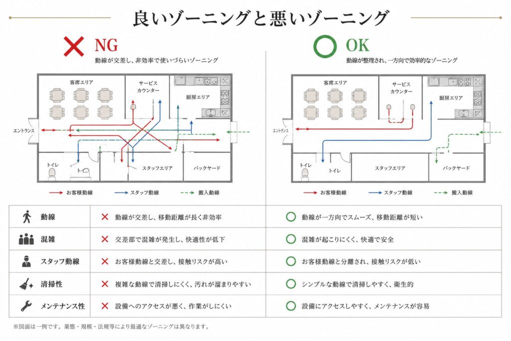 良いサウナ施設のゾーニングと悪いゾーニングの比較図