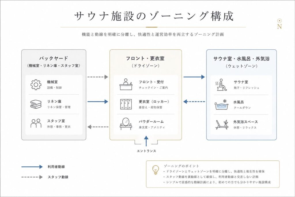 サウナ施設のドライゾーン・ウェットゾーン・バックヤードのゾーニング構成図
