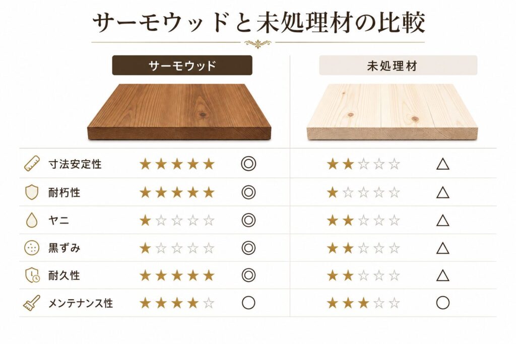サーモウッドと未処理材の比較