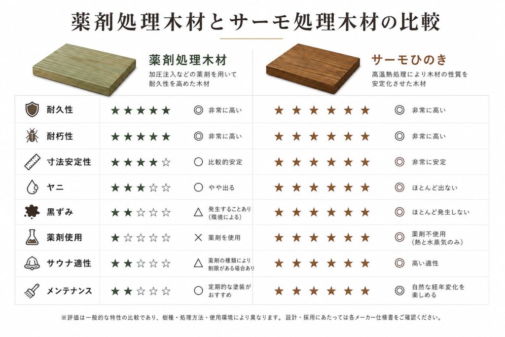 薬剤処理木材とサーモ処理木材の比較