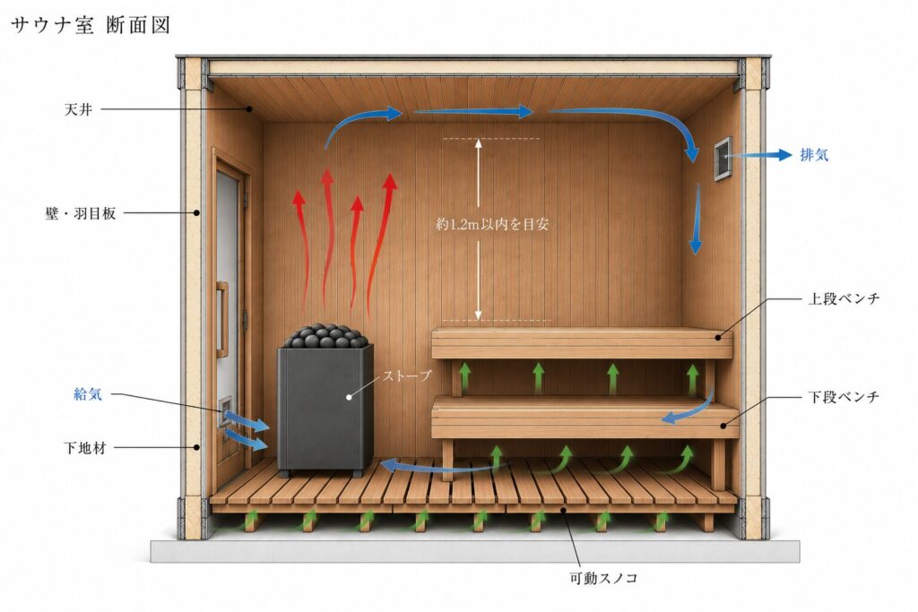 サウナ室の壁・天井・ベンチ・可動スノコ・給気・排気を示した設計断面図