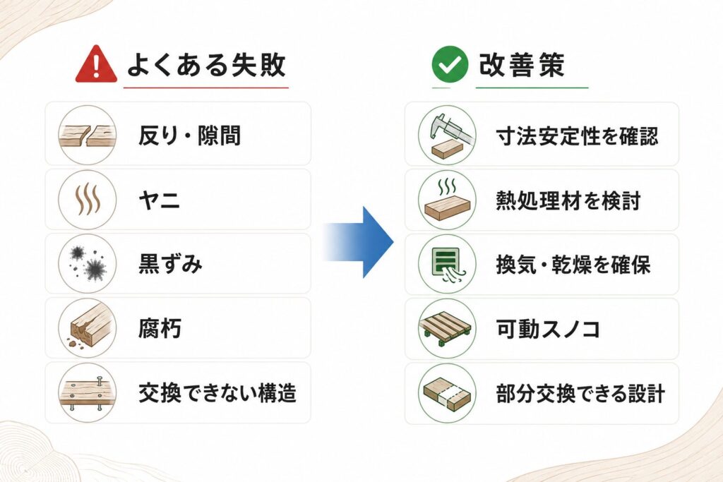 サウナ用木材の反り・ヤニ・黒ずみ・腐朽・交換困難を防ぐ改善策