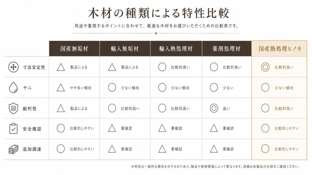 国産無垢材・輸入材・熱処理材・薬剤処理材のサウナ用木材比較