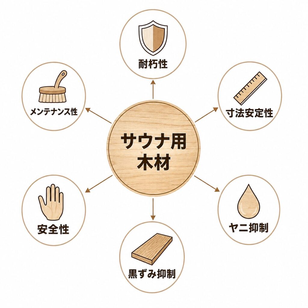 サウナ用木材に必要な耐朽性・寸法安定性・ヤニ抑制・黒ずみ抑制・安全性・メンテナンス性