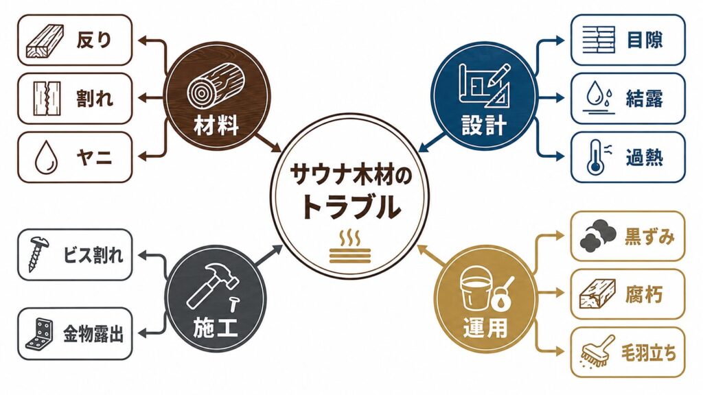 材料・設計・施工・運用から見るサウナ木材トラブル10選の原因