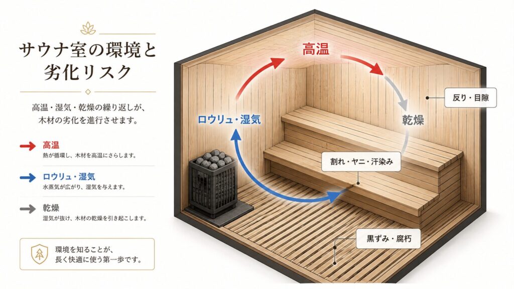 高温・湿気・乾燥の繰り返しで起こるサウナ木材のトラブル図解