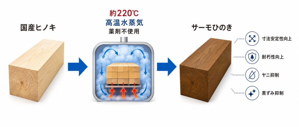 国産ヒノキを約220℃の高温水蒸気で熱処理してサーモひのきにする工程